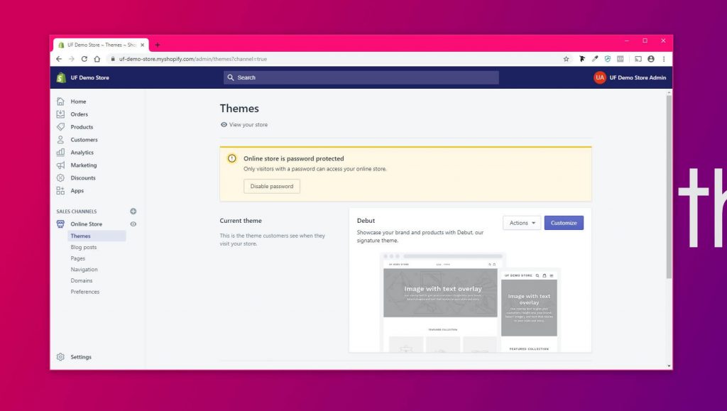 Shopify admin Themes page