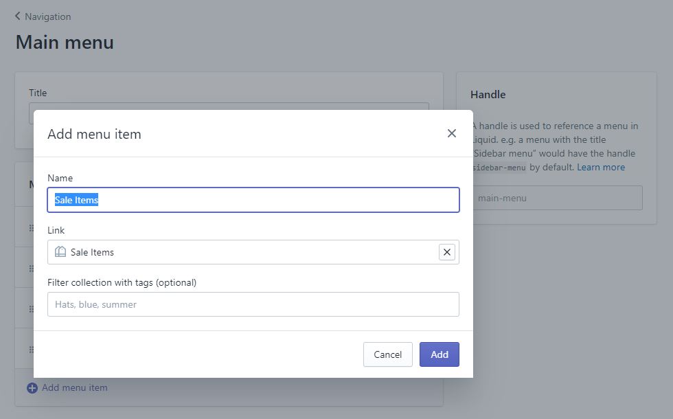 Update Shopify menu item label