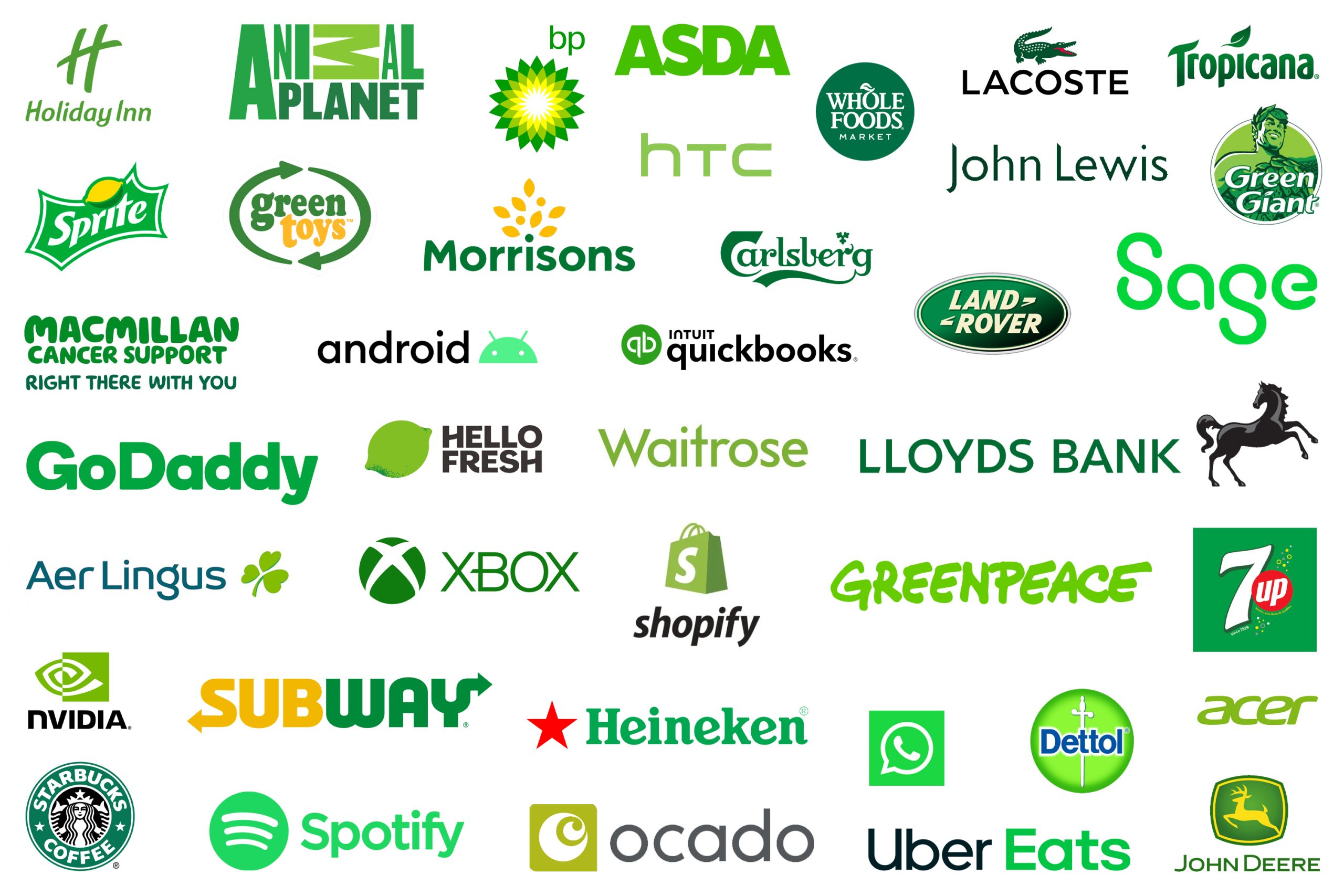curation of brands and organisations using the colour green in their logos and branding